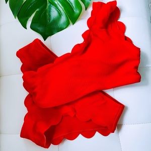 Tangerine Red Scalloped waffle Bikini Swimsuit